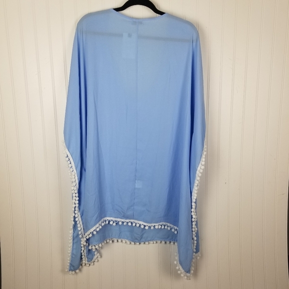 Adreamly Womens Coverup Size 2X 3X Light Blue White Pom-Pom Trim Layer Beach - Picture 8 of 8